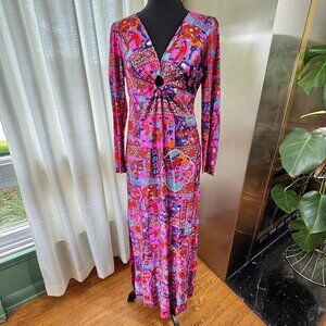 Vintage 70s dress, magenta, fuchsia, turquoise, orange, red novelty print, funky